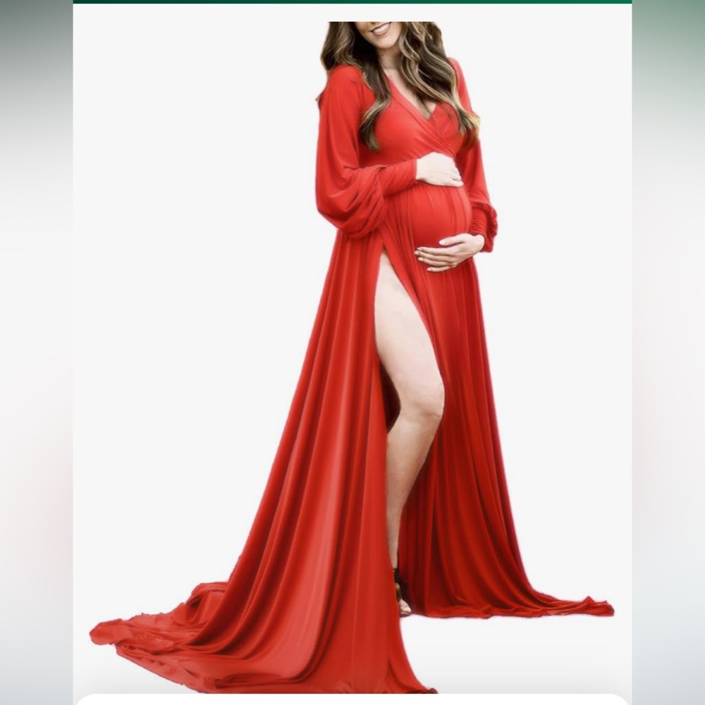 NWT DOSE red maternity  long gown, long sleeve, photo shoot baby shower size XS